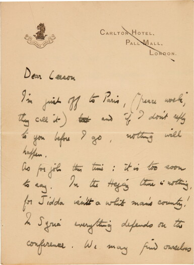 View full screen - View 1 of Lot 94. LAWRENCE | Autograph letter signed, to Leeson, on the Paris Peace Conference, January 1919.