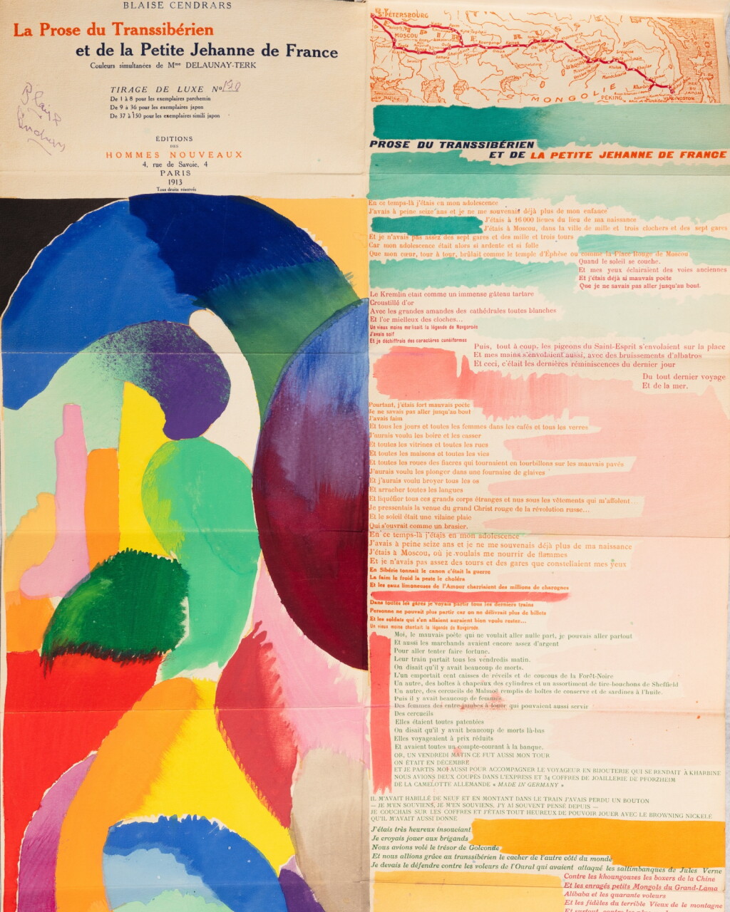 Voir en plein écran - Voir 1 du lot 47. La Prose du Transsibérien. 1913. Un des rares exemplaires sur simili-Japon. Couverture en parchemin peinte par Sonia Delaunay. Avec bandeau, sous étui de Georges Leroux. Exemplaire d'une exceptionnelle fraîcheur..