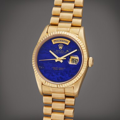 View full screen - View 1 of Lot 90. Reference 18238 Day-Date | A yellow gold automatic wristwatch with day, date, bracelet and lapis lazuli dial, Circa 1995.