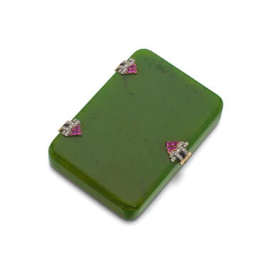 View full screen - View 1 of Lot 774. Nephrite, ruby, onyx and diamond case, 1920s.