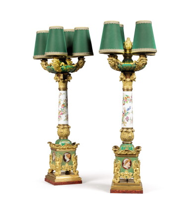 View full screen - View 1 of Lot 385. A pair of Paris porcelain and gilt-bronze candelabra, French Restauration, by Jacob Petit, circa 1830.