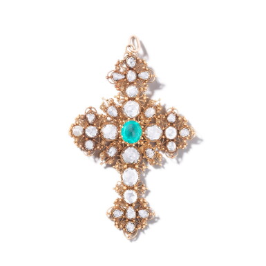 View full screen - View 1 of Lot 223. Pendentif émeraude et diamants | Emerald and diamond pendant.