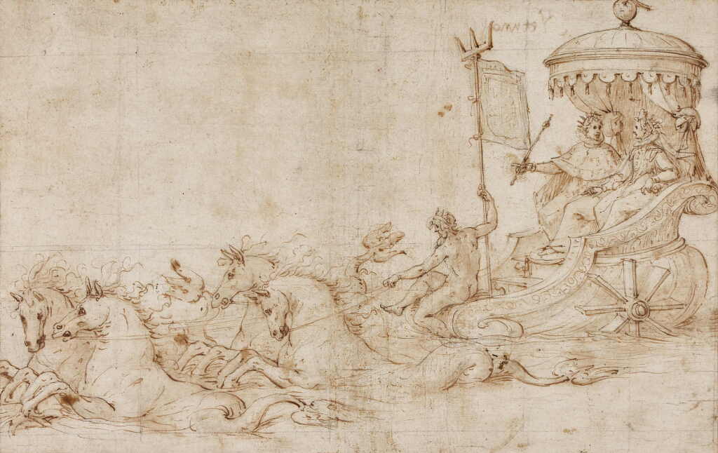 View full screen - View 1 of Lot 30. Neptune driving a chariot with two noble figures.