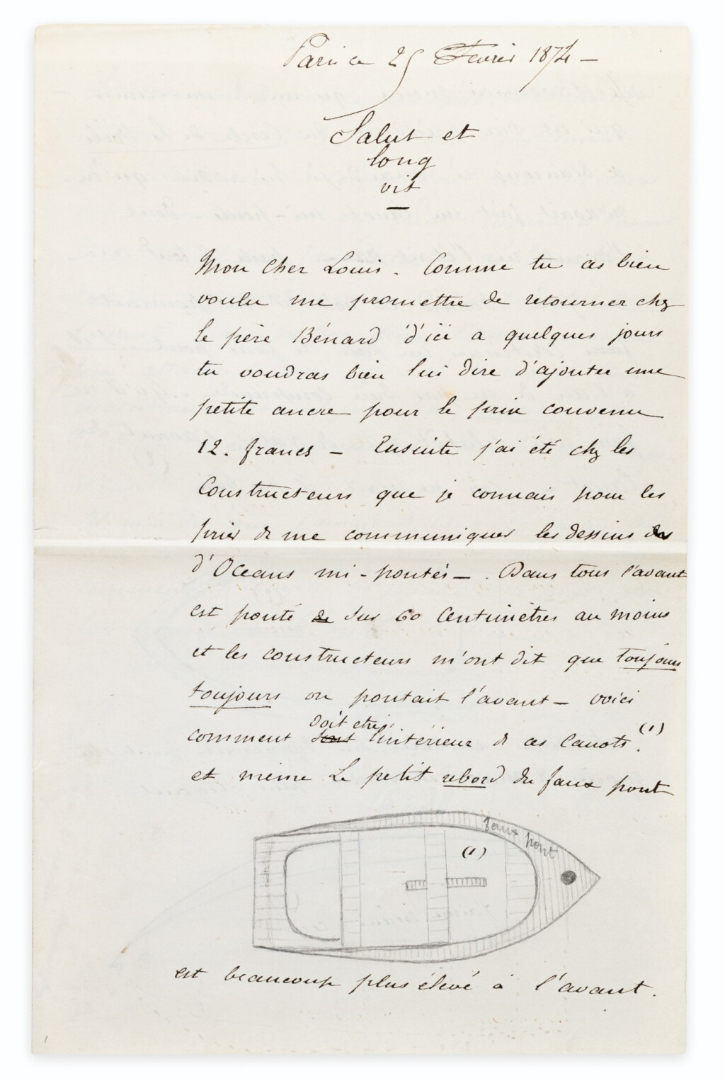 View full screen - View 1 of Lot 141. Sur l'eau. 1888. Ed originale. Envoi à Harry Alis, LAS illustrée de Maupassant à Louis Le Poittevin.