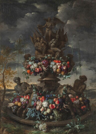 View full screen - View 1 of Lot 126. Fountain with an Allegory of Victory and a still life.