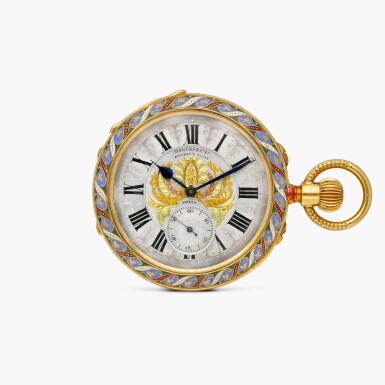 View full screen - View 1 of Lot 2298. An unusual yellow gold, enamel, paste and diamond-set openface keyless lever cabriolet watch, Made for the Indian market, Circa 1895.