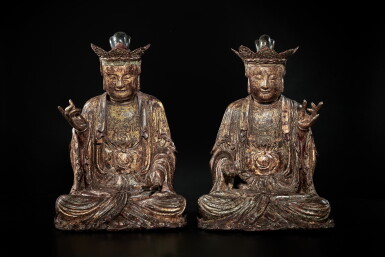 View full screen - View 1 of Lot 189. A pair of gilt-lacquered wood figures of bodhisattvas, Ming / early Qing dynasty.