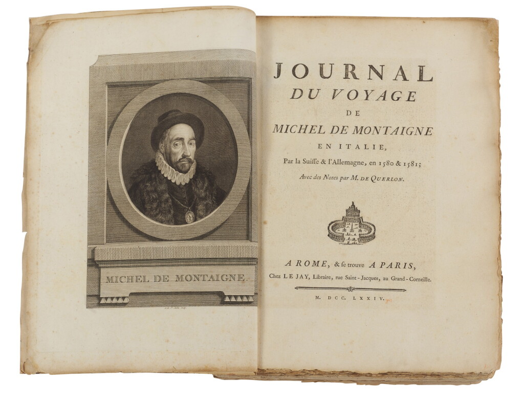 View full screen - View 1 of Lot 159. Montaigne, Journal du voyage en Italie, par la Suisse... Rome and Paris, 1774, marbled wrappers.