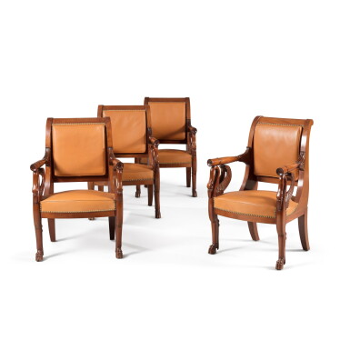 View full screen - View 1 of Lot 259. A set of four mahogany armchairs, Empire, circa 1815 | Ensemble de quatre fauteuils en acajou d'époque Empire, vers 1815.