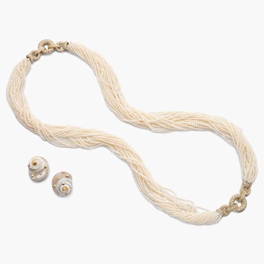 View full screen - View 1 of Lot 668. Seed Pearl and Diamond Sautoir, Meister and a Pair of Shell and Diamond Earclips, Trianon.
