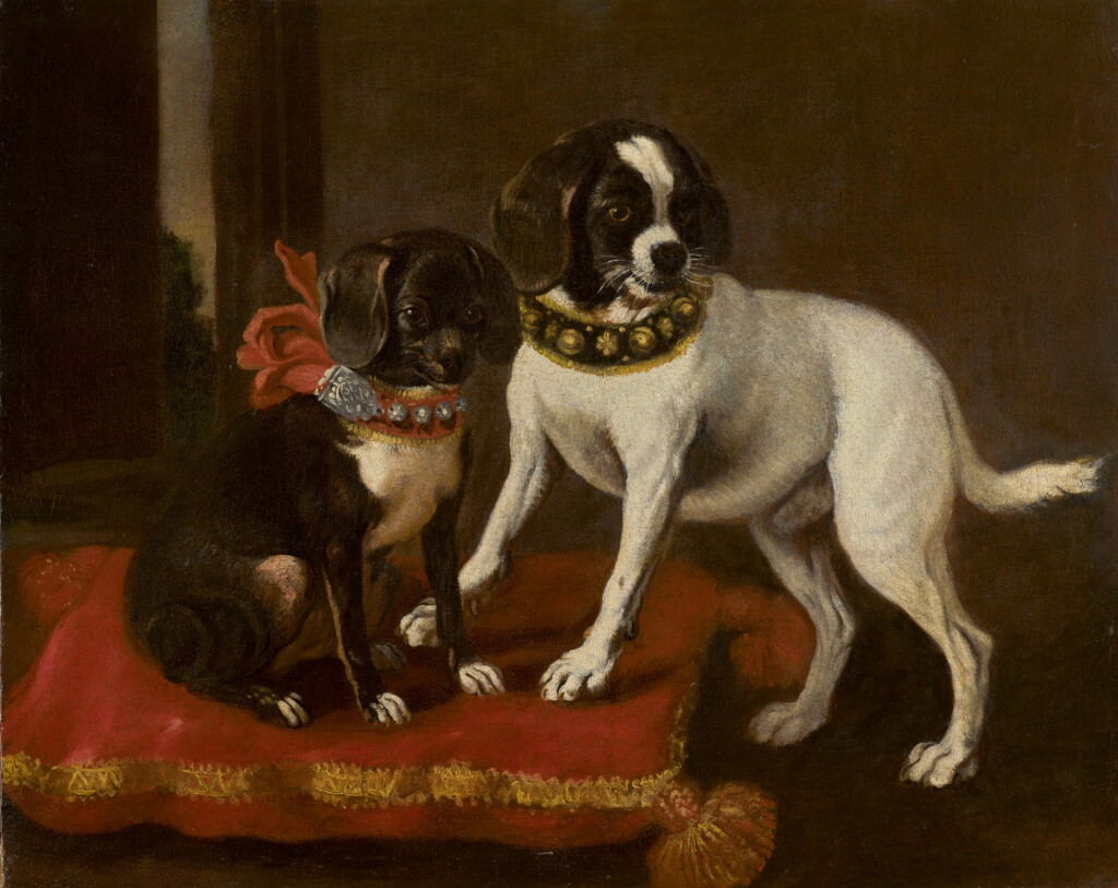 View full screen - View 1 of Lot 30. FLORENTINE SCHOOL, 17TH CENTURY | Two dogs with collars of gold and silver sitting on a red cushion.