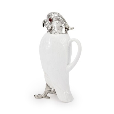 View full screen - View 1 of Lot 260. An English Silver and Porcelain Cockatoo Claret Jug, Asprey & Co, Sheffield, 1913.