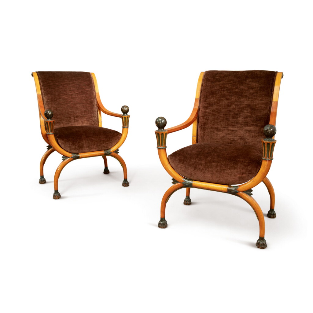 View full screen - View 1 of Lot 836. A PAIR OF FRENCH DIRECTOIRE MAHOGANY AND EBONISED WOOD FAUTEUILS EN CURULE ATTRIBUTED TO JACOB, CIRCA 1800.