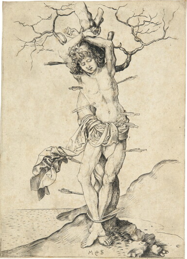 View full screen - View 1 of Lot 65. MARTIN SCHONGAUER | ST SEBASTIAN (LARGE) (BARTSCH 59; LEHRS, SCHMITT, STOGDON (HOLLSTEIN) 65).