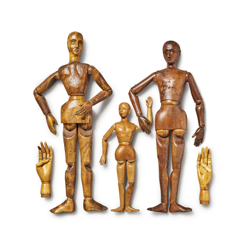 View full screen - View 1 of Lot 249. Three Assorted French Artists Wooden Joined Mannequins Together with Two Models of Hands, Late 19th Century .