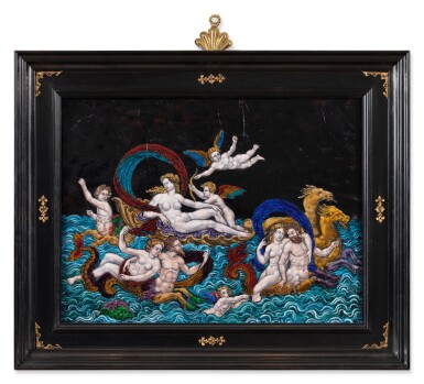 View full screen - View 1 of Lot 1366. A Limoges polychrome painted enamel plaque depicting the Triumph of Venus, late 19th century.