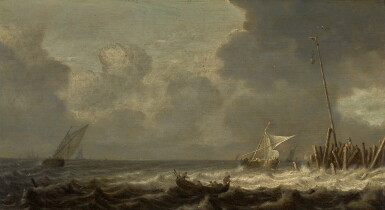 View full screen - View 1 of Lot 52. PIETER MULIER THE ELDER | A rowing boat and other sailing vessels in choppy seas.