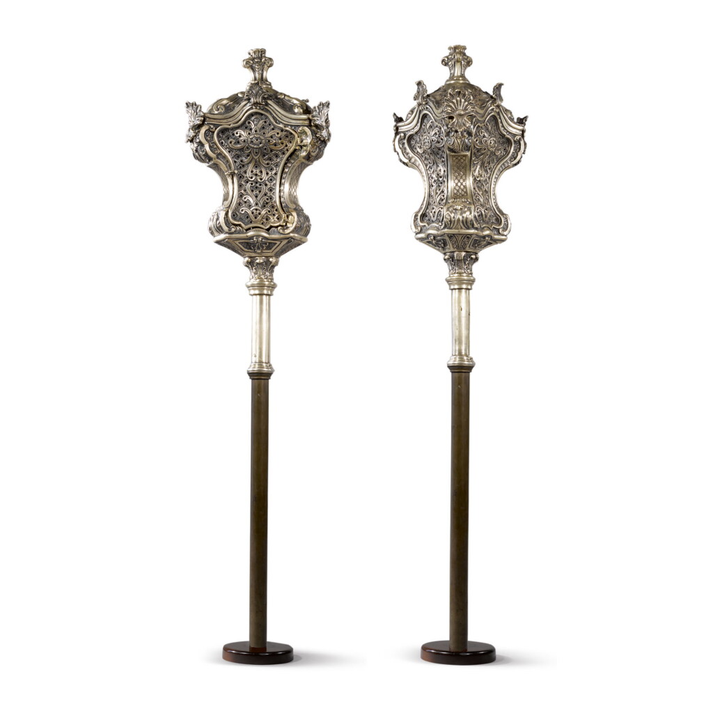 View full screen - View 1 of Lot 751. A PAIR OF CONTINENTAL SILVER STANDING LANTERNS 20TH CENTURY.