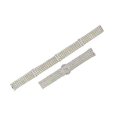 View full screen - View 1 of Lot 486. Seed Pearl and Diamond Choker Necklace and Bracelet.
