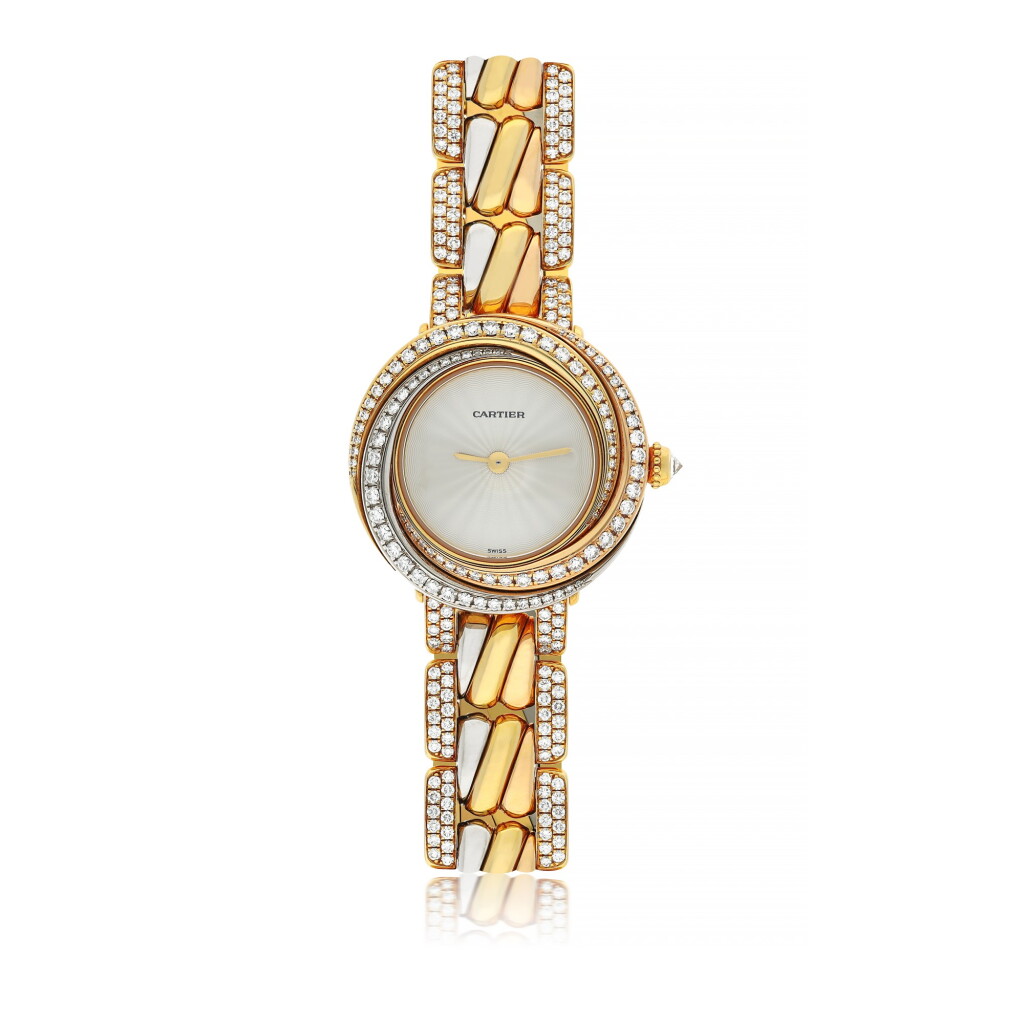 View full screen - View 1 of Lot 42. CARTIER | REF 2357 TRINITY, A TRI-COLOR GOLD AND DIAMOND SET BRACELET WATCH CIRCA 2015.
