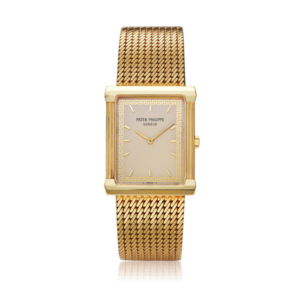 View full screen - View 1 of Lot 16. Reference 3775/1 Les Grecques A yellow gold rectangular bracelet watch, Made in 1983.