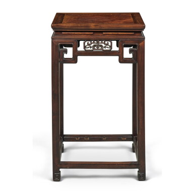 View full screen - View 1 of Lot 850. A burlwood-inset 'hongmu' stand, Qing dynasty, 19th century | 清十九世紀 紅木鑲癭木香几.