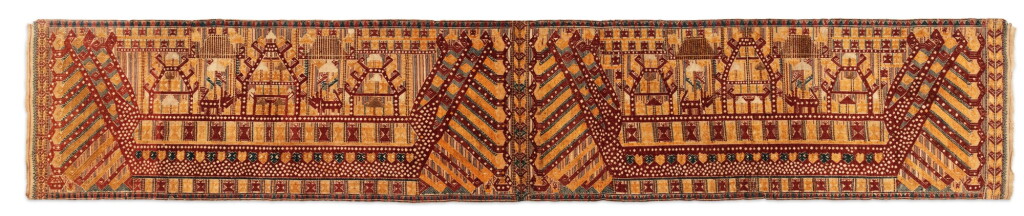 View full screen - View 1 of Lot 49. Tissu cérémoniel "à jonques" palepai, Lampung, Sumatra, Indonésie, 20e siècle | Ceremonial hanging "ship cloth" palepai, Lampung, Sumatra, Indonesia, about 1900.
