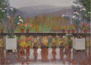 View full screen - View 1 of Lot 504. Jour de pluie sur la terrasse fleurie de Marquayrol.