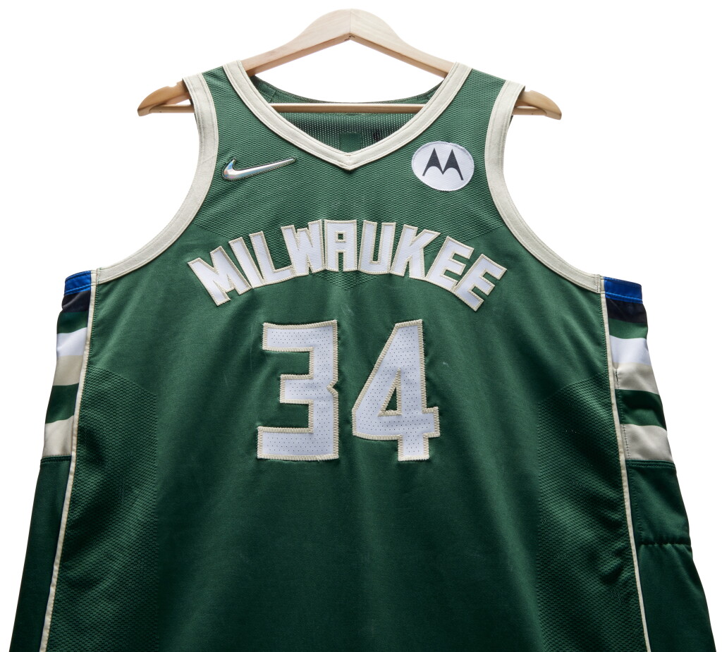 View full screen - View 1 of Lot 38. Giannis Antetokounmpo Milwaukee Bucks 2021-2022 Game Worn Away Jersey.
