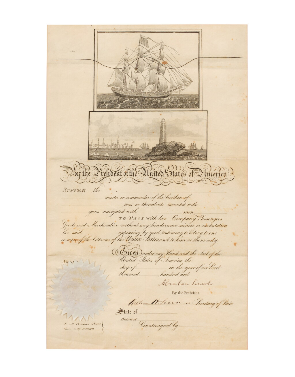 View full screen - View 1 of Lot 1031. Lincoln, Abraham | A ship’s passport signed by Abraham Lincoln: unaccomplished, unissued, and withdrawn after his assassination.