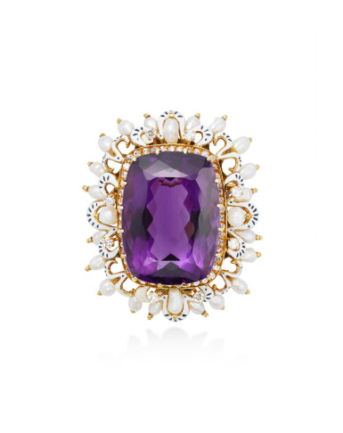 View full screen - View 1 of Lot 1900. Amethyst, Cultured Pearl, Enamel and Diamond Brooch | 紫水晶,養殖珍珠 及 琺琅 配 鑽石 胸針.
