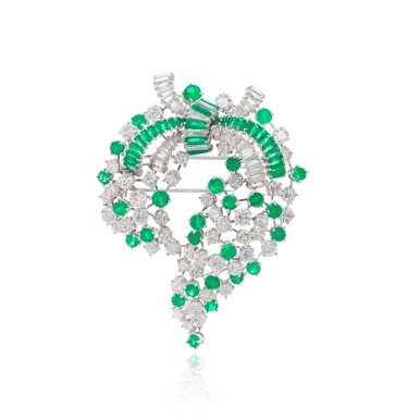 View full screen - View 1 of Lot 896. Emerald and diamond brooch, 1960s.
