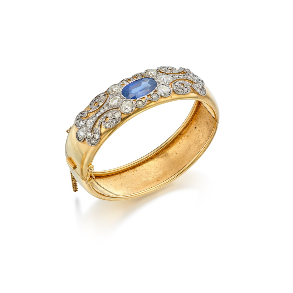 View full screen - View 1 of Lot 393. Gold, Sapphire and Diamond Bangle-Bracelet, France.