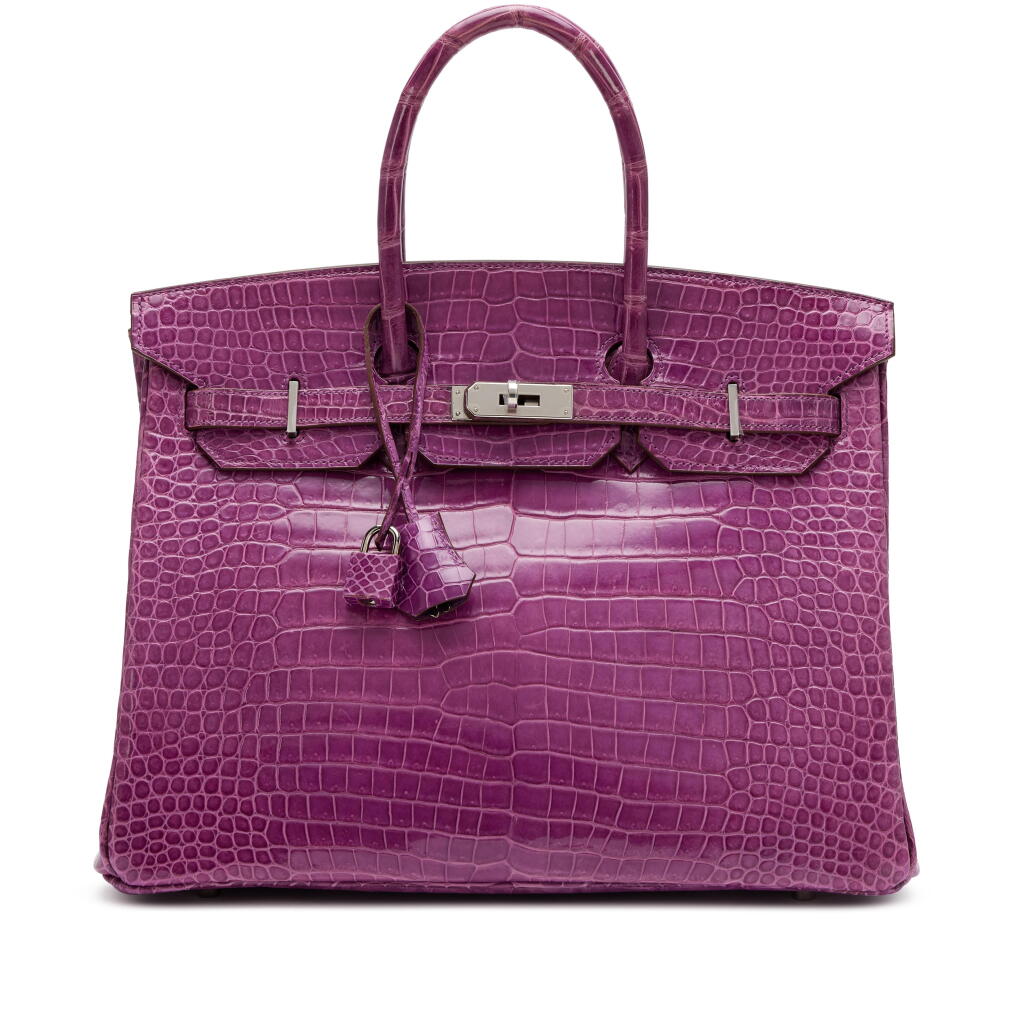 View full screen - View 1 of Lot 84. Violet Shiny Porosus Crocodile Birkin 35 Palladium Hardware, 2011.