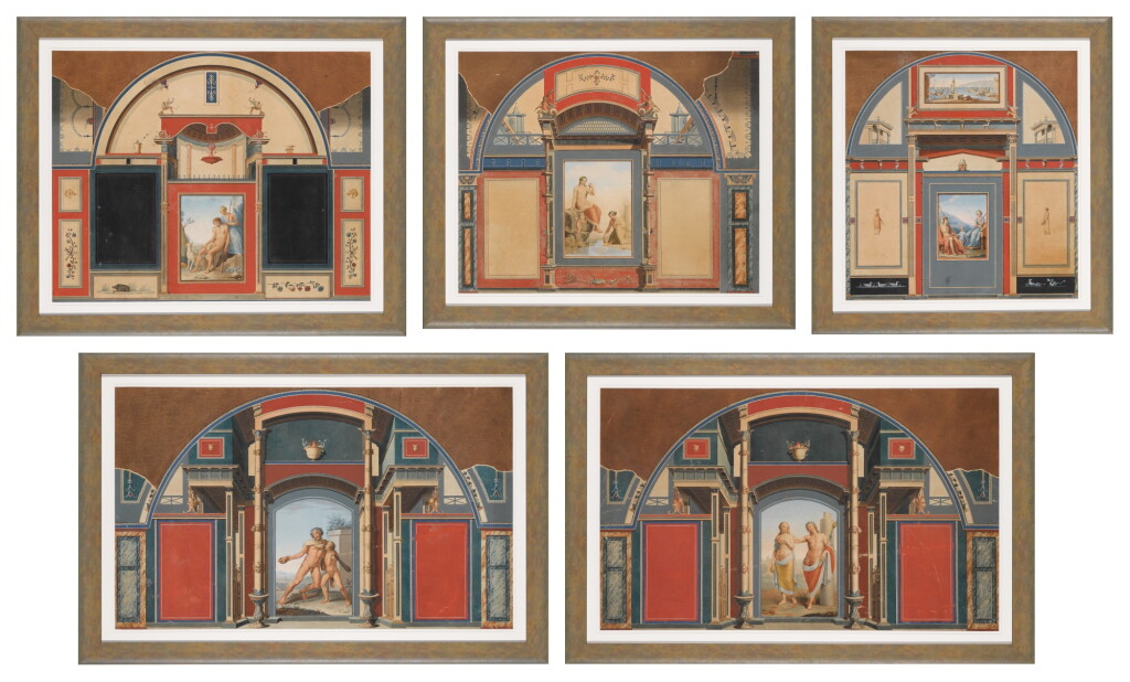 View full screen - View 1 of Lot 125. A set of five hand-coloured engravings depicting the Roman frescoes of the Villa Negroni, in the style of Angelo Campanella (1746-1811), after Anton Raphael Mengs and Anton Von Maron, second half 18th century.