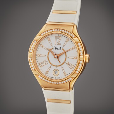 View full screen - View 1 of Lot 410. Reference P10726 | A pink gold and diamond-set wristwatch with date, Circa 2010.