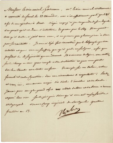 View full screen - View 1 of Lot 79. Napoleon I | letter signed to Admiral Ganteaume, ordering the invasion of England, 22 August 1805.