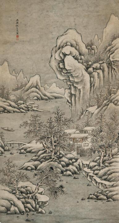 View full screen - View 1 of Lot 792. Winter Landscape, ink and light color on paper, hanging scroll | 沈生篤 雪景 設色紙本 立軸.