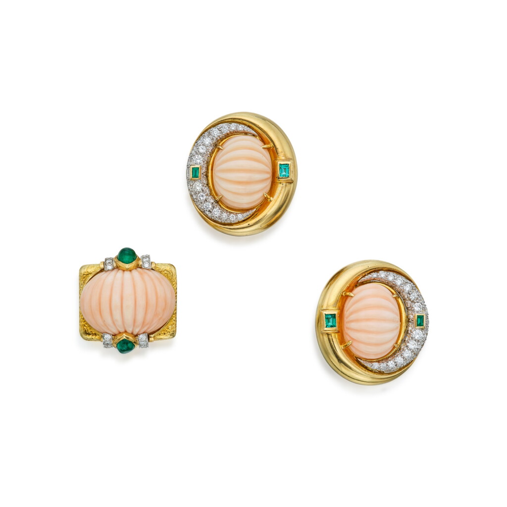 View full screen - View 1 of Lot 421. Coral, Emerald, and Diamond Ring and Pair of Earclips .