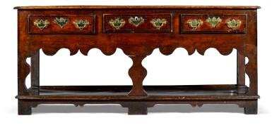 View full screen - View 1 of Lot 38. A George I oak and mahogany crossbanded dresser base, Wales, second quarter 18th century.