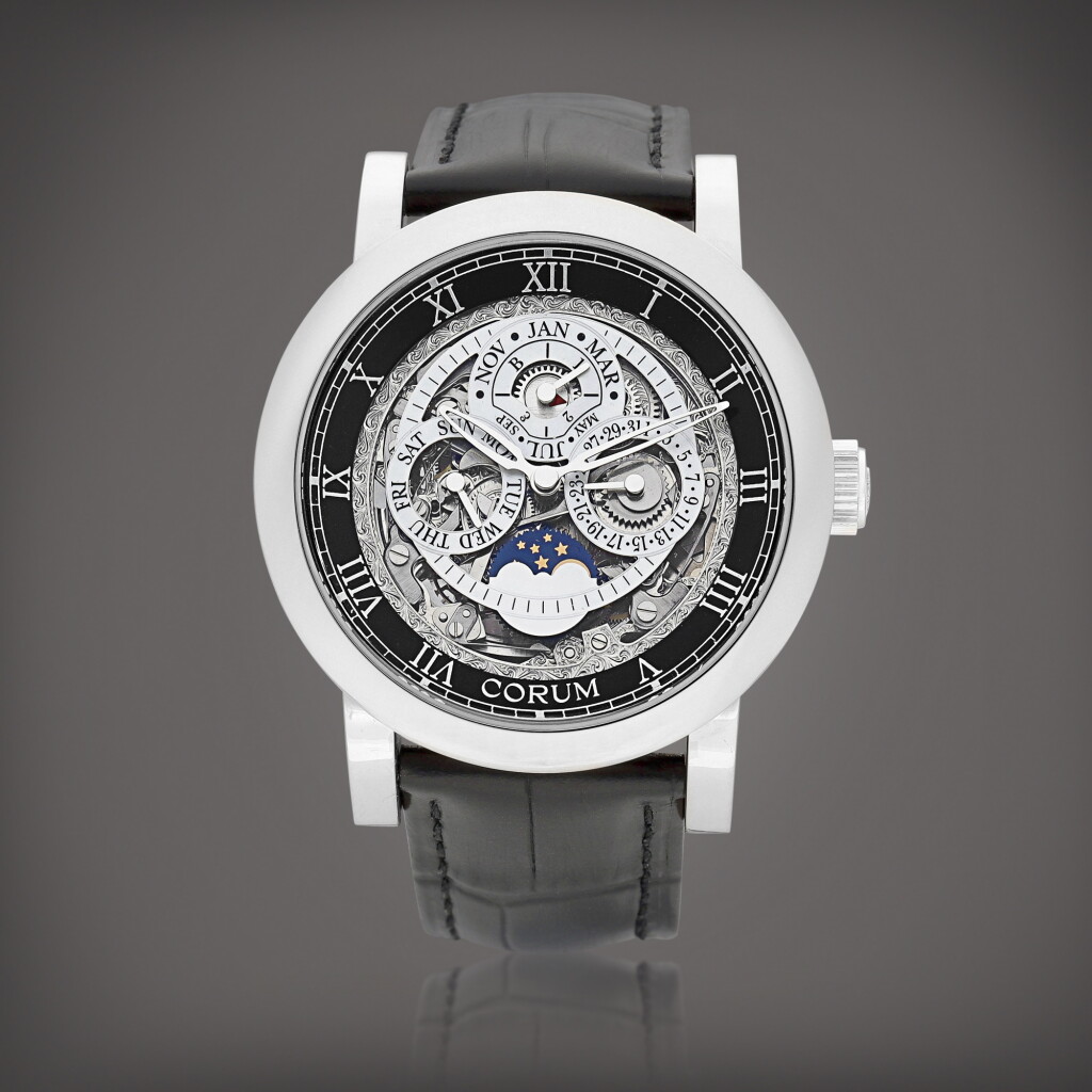 View full screen - View 1 of Lot 8824. Reference 183.201.59 | A white gold skeletonised perpetual calendar wristwatch with moon phases, leap year indication and mother-of-pearl dial, Circa 2000 | 崑崙 | 型號183.201.59 | 白金鏤空萬年曆腕錶,備月相、閏年顯示及珠母貝錶盤,約2000年製.