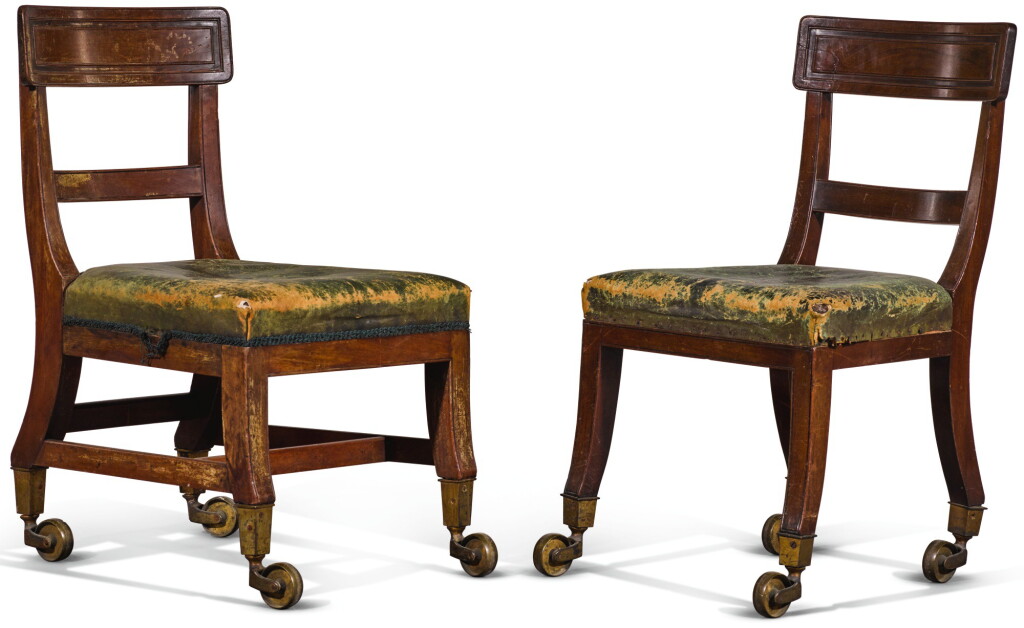 View full screen - View 1 of Lot 130. Two Regency mahogany and leather upholstered chairs, circa 1820.