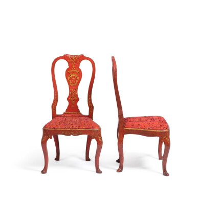 View full screen - View 1 of Lot 659. A pair of Italian red-painted and parcel-gilt side chairs, circa 1750.