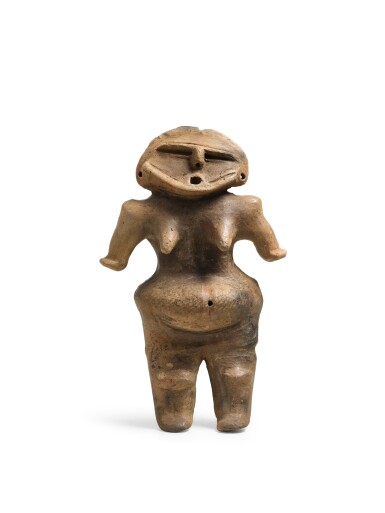 View full screen - View 1 of Lot 2027. An earthenware figure modelled as pregnant woman, dogu, Late Jomon period, 2000 – 1000 BCE | 土偶 縄文時代後期 紀元前2000~紀元前1000年.