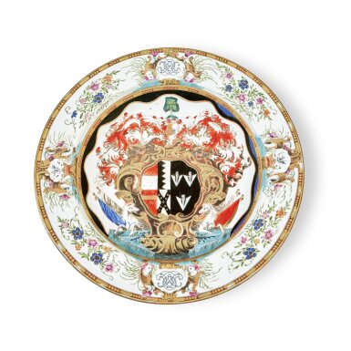 View full screen - View 1 of Lot 39. An Impressive Large Chinese Export Armorial 'Leake Okeover' Basin, Qing Dynasty, Qianlong Period, circa 1743 .