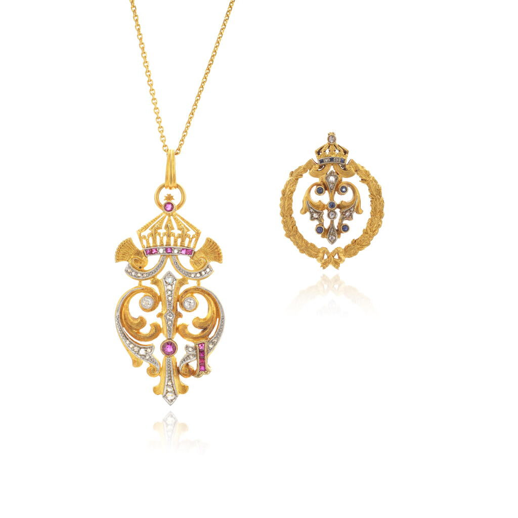 View full screen - View 1 of Lot 1042. Ruby and diamond presentation pendant and a brooch, early 20th century.