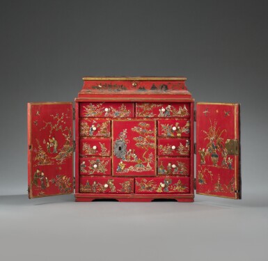 View full screen - View 1 of Lot 263. A Continental chinoiserie metal-mounted red lacquer table cabinet, probably third quarter 18th century.