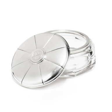 View full screen - View 1 of Lot 62. A large cut-glass and silver circular box, Puiforcat, Paris, circa 1930 | Grande boîte ronde en verre taillé montée en argent par Puiforcat, Paris, vers 1930.