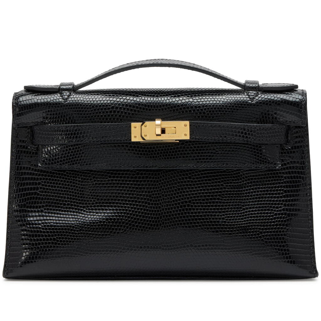 View full screen - View 1 of Lot 57. Black Shiny Niloticus Lizard Kelly Pochette Gold Hardware, 2007.