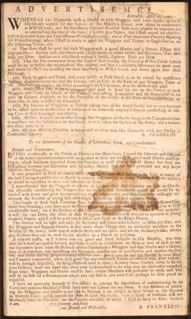 View full screen - View of Benjamin Franklin | Wagons, horses, and teamsters for Braddock's Expedition.